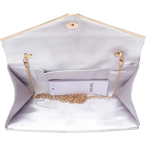⚡ Women's Evening Rhinestones Envelope Style Chain Strap Silver Clutch Handbag - Picture 5 of 6